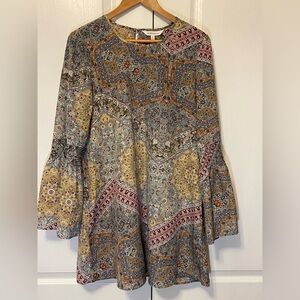 BCBGeneration Green and Blue A-line Dress with Bell Sleeves